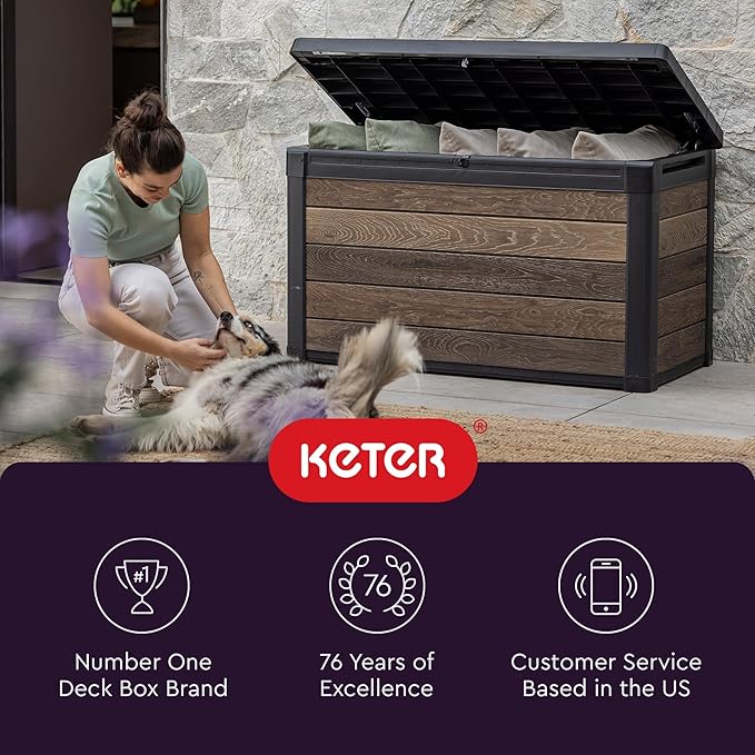 Keter Walnut 100 Gallon Resin Deck Box-Organization and Storage for Patio Furniture Outdoor Cushions, Throw Pillows, Garden Tools and Pool Toys Keter