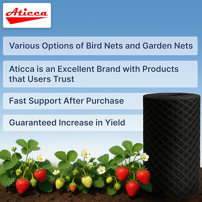 Heavy Duty Bird Netting for Garden Protection & Fruit Trees, 25x25 Ft with 10 Stakes – Black Anti-Bird Net for Poultry, Deer, & Squirrel Protection, Durable Nylon Mesh for Garden and Yard Use Aticca