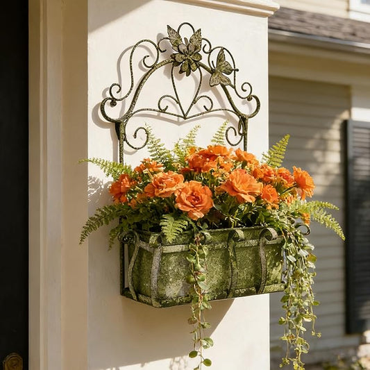 Rustic Metal Wall Planter Vintage Wall Mounted Flower Pot Farmhouse Distressed Wall Hanging Plant Basket with Floral & Butterfly Decor for Indoor Outdoor Garden Home Yard (Green#2) Rootora