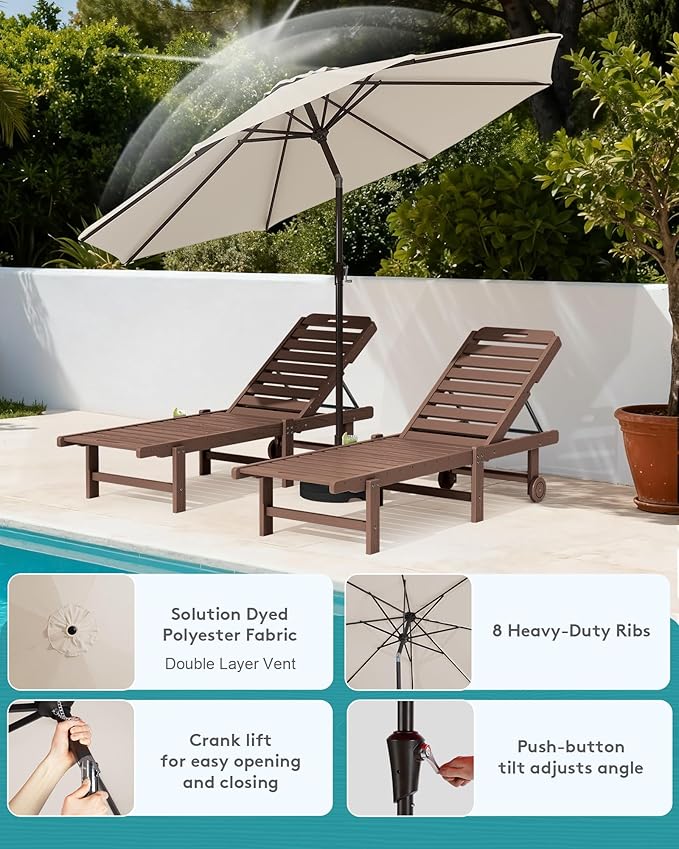 SERWALL Outdoor Chaise Lounge Set of 2 with 9FT Umbrella, HDPE Pool Lounge Chair with 5-Position Adjustable Backrest, Patio Lounger with Rolling Wheels & Cup Holder for Pool, Brown SERWALL