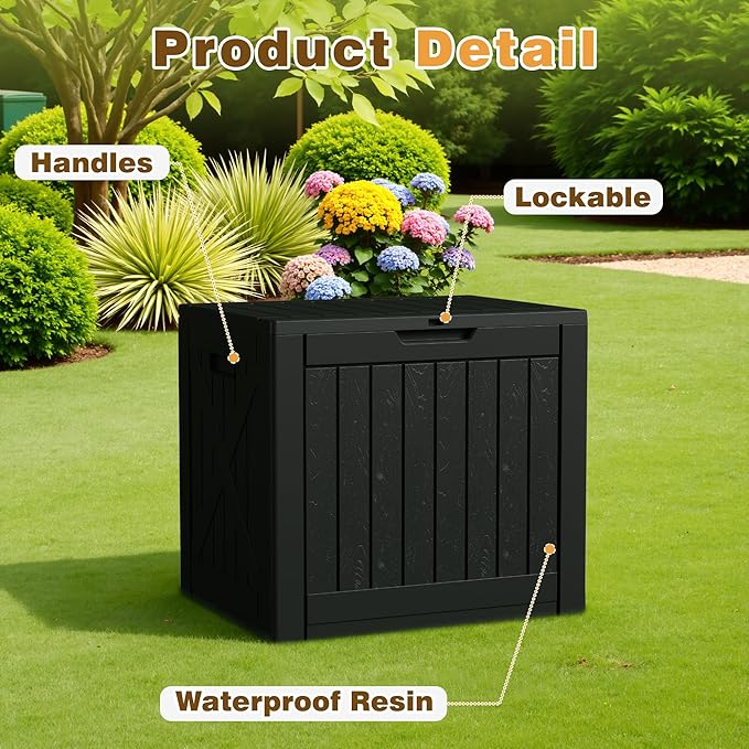 Flamaker Resin Deck Box 40 Gallon Waterproof Outdoor Indoor Storage Box Imitation Wood Resin for Patio Furniture Garden Tools and Pool (Black) Flamaker