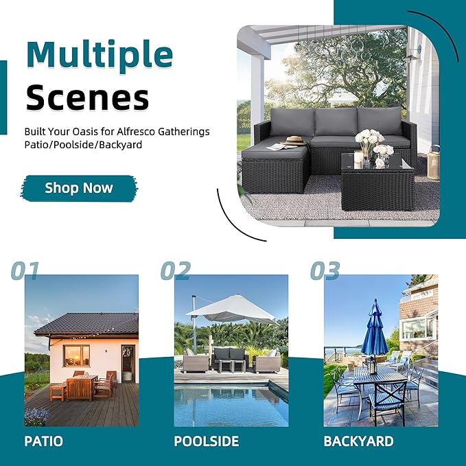 3-Piece Outdoor Patio Sectional Sofa Set with Glass Coffee Table & Ottoman — All-Weather PE Rattan Conversation Furniture, Black Rattan & Grey Cushions, Perfect for Garden, Backyard, Deck, Grey SUNLEI