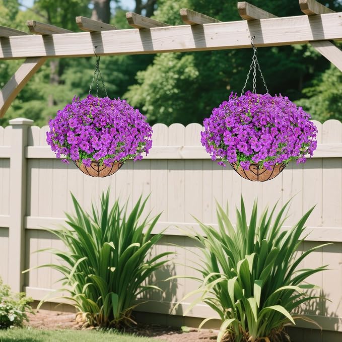 Artificial Hanging Flower for Outdoors, Fake Hanging Basket for Outside,1 Hanging Basket with 13 Pcs Faux Silk Flowers for Porch, Balcony and Patio Decor(Purple) LetuoClipsClipsandHooks