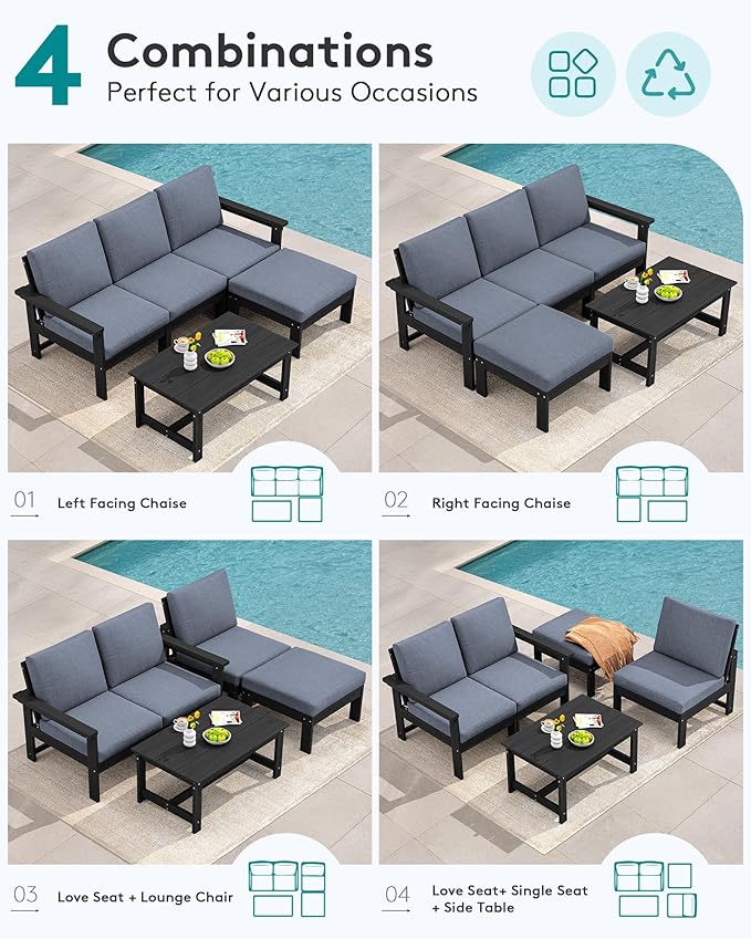 SERWALL Outdoor Sectional Sofa Set, 5-piece Outdoor Modula Couch Set with Ottoman, All Weather Patio Furniture Set with Chaise for Deck, Lawn, Black Frame with Gray Cushion SERWALL