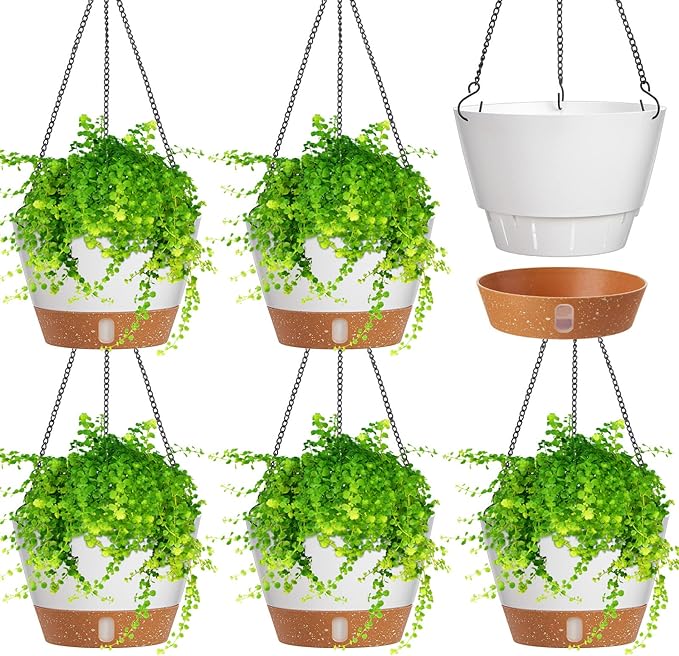 Amyhill 6 Pcs 8 Inch Hanging Planter for Indoor Plants Self Watering Hanging Pot Baskets with Drainage Hole Visible Water Level Tray with Hooks for Garden Outdoor(White) Amyhill