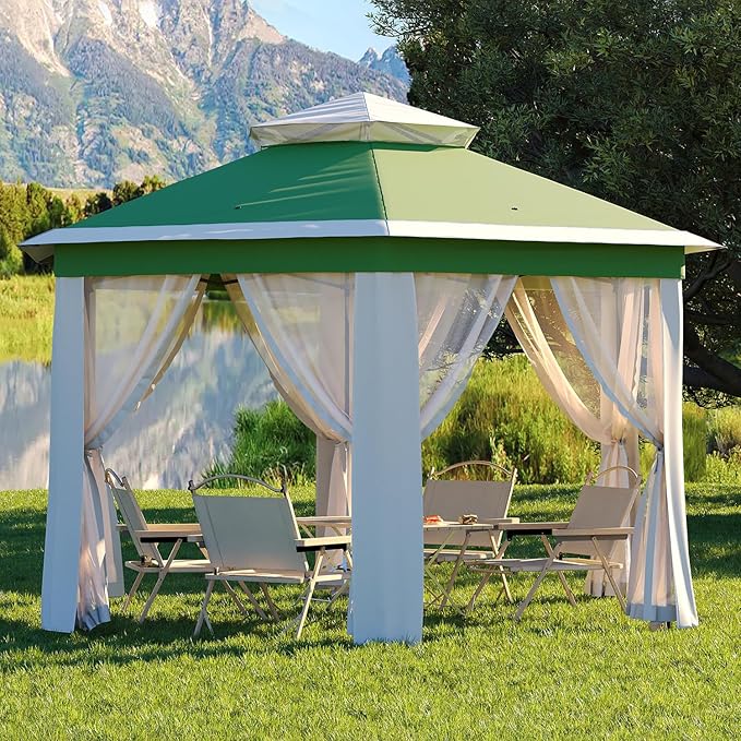 Garvee Pop Up Gazebo Screen Tent,Hexagonal Instant Gazebo Tent with Mosquito Netting Outdoor Canopy,6 Sided Sun Shelter 13x13ft with Mesh Netting,Pavilion Tents for Patio,Green+Beige Garvee