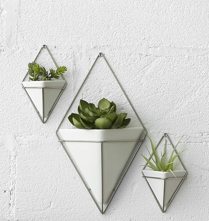 Umbra Trigg Hanging Planter Vase Wall Decor, Set of 2 Pots Containers for Succulents, Cactus, Faux Plants, and More, Small, White/Nickel Umbra