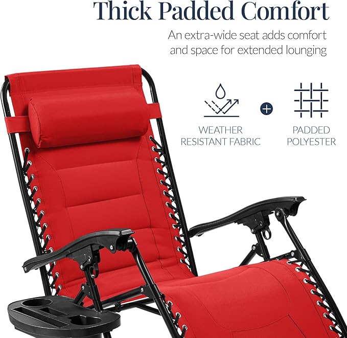 Best Choice Products Oversized Padded Zero Gravity Chair, Folding Outdoor Patio Recliner, XL Anti Gravity Lounger for Backyard w/Headrest, Cup Holder, Side Tray, Polyester Mesh - Crimson Red BestChoiceProducts