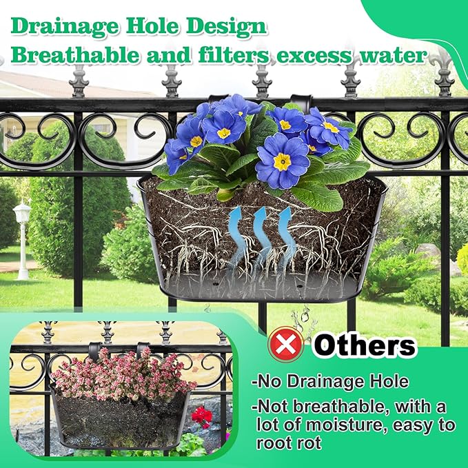MADHOLLY Railing Planter with Drainage Holes - Sturdy Bucket Pots for Railing Fence, Countryside Style Metal Flower Pots for Herbs Balcony Garden Yard Decor, 4Pcs, Black MADHOLLY