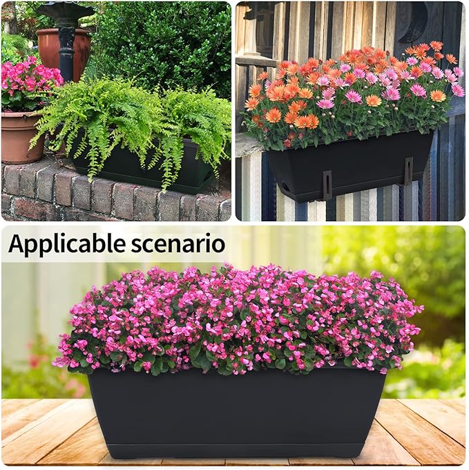 Window Box Planter, 10 Pack Plastic Vegetable Flower Planters Boxes 17 Inches Rectangular Flower Pots with Saucers for Indoor Outdoor Garden, Patio, Home Decor (Black) CHUKEMAOYI