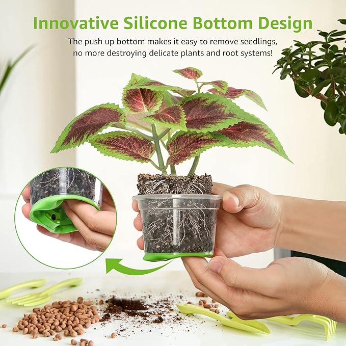 MIXC Thickened Clear Nursery Pots with Silicone Base for Easy Transplant 30 Packs 4 Inch, Transparent Plant Pot Reusable Seedling Pots for Vegetable Propagation, Root Cutting, Seed Starting, Green MIXC