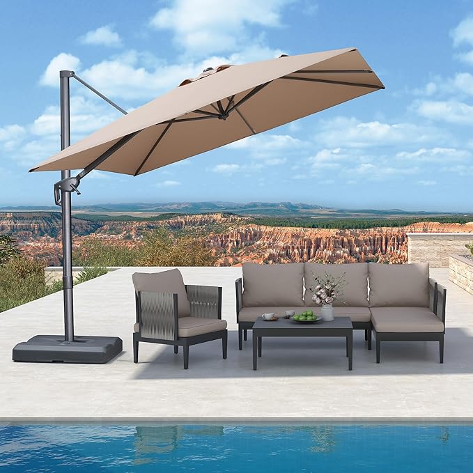 PURPLE LEAF Patio Umbrella 9' X 9' Rectangle Cantilever Umbrella Large Aluminum Outdoor Umbrellas with 360-degree Rotation & UPF40+ Premium Fabric for Deck Pool Garden Yard, Sand Dune Rootora