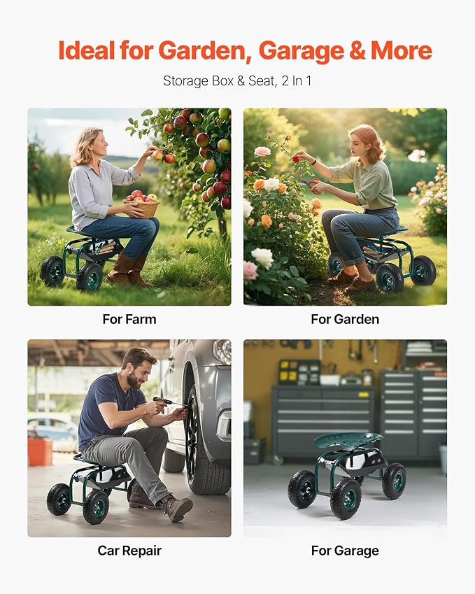VEVOR Rolling Garden Cart with Swivel Seat, Heavy Duty Garden Seat with Storage Basket & Tool Tray, 300 lbs Weight Capacity, Outdoor Utility Gardening Stool Scooter for Lawn Yard Planting Weeding VEVOR