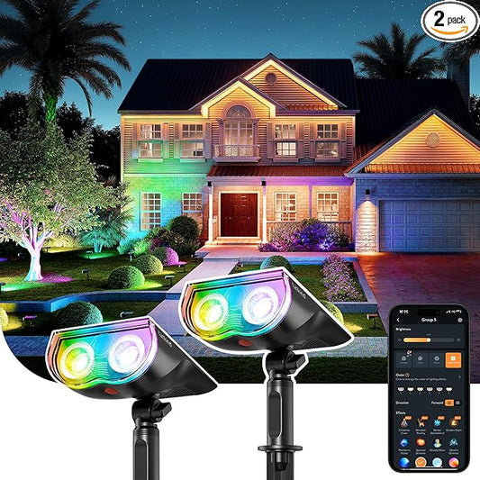 Linkind Smart Solar Spot Lights Outdoor SL5C, Solar Lights Outdoor Spotlight Cool/Warm White/Color Changing, APP/Voice Control, IP67 St. Patrick's Day Decorations for Yard, Garden, Pathway(2 Pack) Linkind