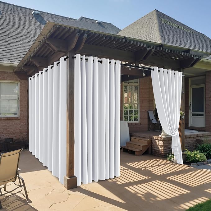 RYB HOME Outdoor Curtains for Patio Waterproof Block Sunlight Thermal Insulated Privacy Assured Thick Outside Curtains for Pergola, Cabana, Gazebo, W52" x L72", Greyish White, 1 Panel RYBHOME