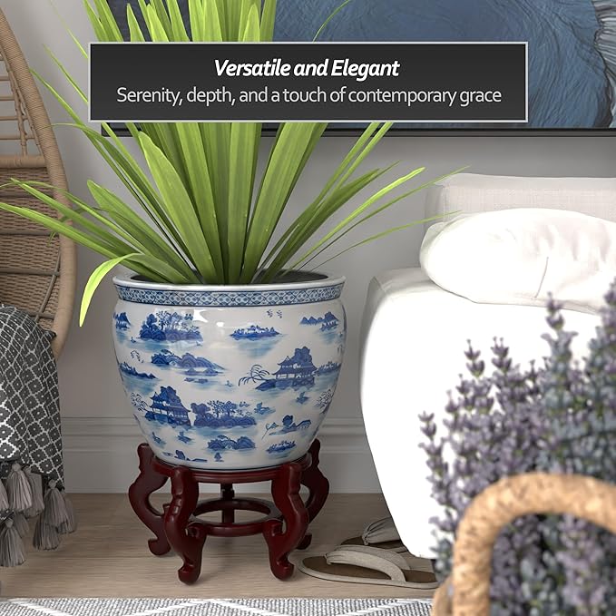 Red Lantern 16" Landscape Blue & White Porcelain Fishbowl Planter or Cachepot for Indoor/Outdoor Use in Garden Entryway Living Room Boho Eclectic Modern Contemporary Classic Traditional Style Decor RedLantern