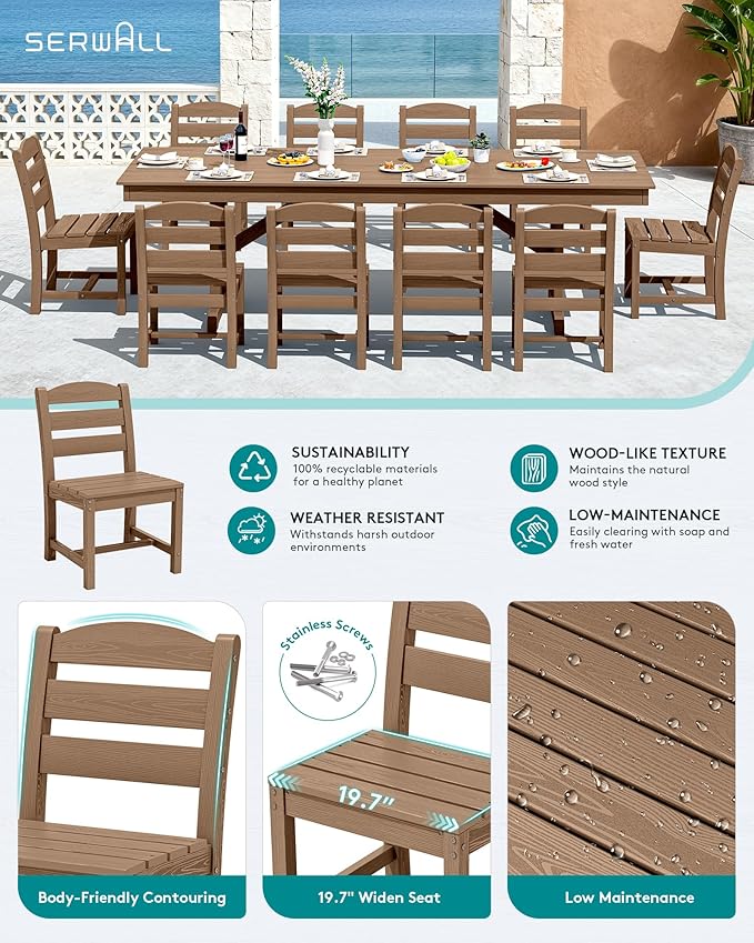 SERWALL 11 Piece Outdoor Dining Set, 84" HDPE Outdoor Large Dining Table and Chairs Set for 10，All Weather Patio Dining Furniture Set with Umbrella Hole for Backyard, Garden, Brown SERWALL
