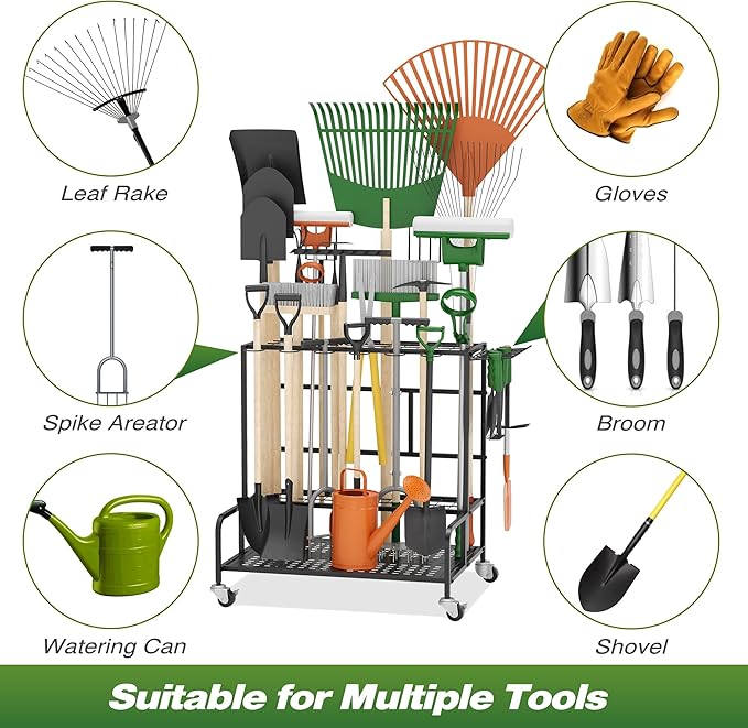 Garden Tool Organizer Rack with Wheels Up to 39 Tools, Heavy-Duty Steel Yard Tool Organizer for Garage Storage with 12 Hooks, Broom Holder & Garden Tool Rack for Shed, Patio, Outdoor Use, Black Sttoraboks