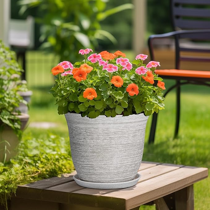 Ceramic Planter - 12 Inch Plant Pot with Drainage Hole and Saucer, Round Large Plant Pots for Indoor Outdoor, Modern Decorative Flower Pots, Garden Room Home Decor, Housewarming Gifts, Grey SUNPOTFOR