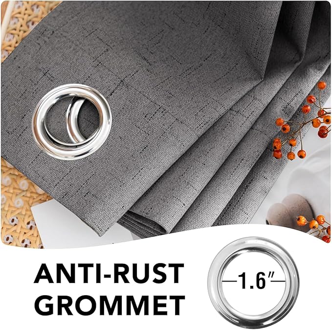 H.VERSAILTEX Linen Curtains 100% Blackout Curtains for Bedroom 90 inch Long Full Light Blocking Nature Linen Blended Window Curtains for Living Room Nickel Grommet (2 Panels, Grey) HVERSAILTEX