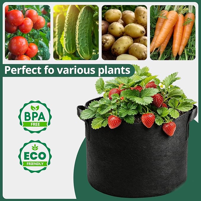 5 Pack 5 Gallon Grow Bags, Thickened Aeration Nonwoven Fabric Plant Pots with Handles, Heavy Duty 300G Garden Planting Bag for Tomato, Potato, Strawberry, Vegetable, Fruits and Flowers Rootora