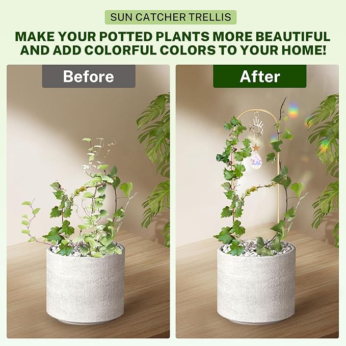 Small Trellis for Potted Plants Indoor with Colorful Crystal Sun Catcher, 14.17 Inch Metal Plant Lattice for Mini Potted Plant Decoration for Home Window Garden 4 Pack WellSign