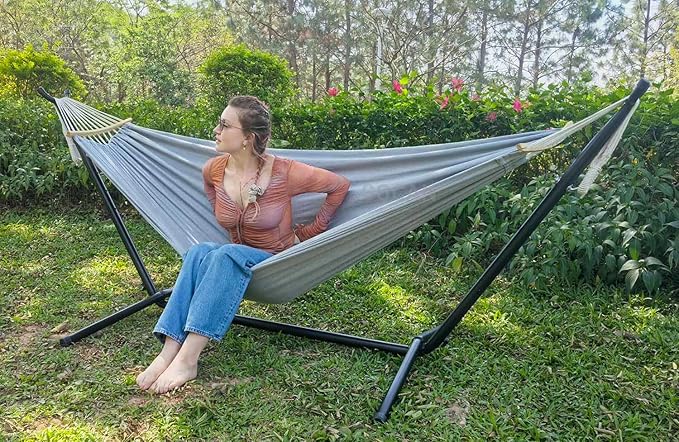 Double Hammock 2 Person Large 220x150cm with Steel Stand and Removable Spreader bar Load 500lb, Canvas Cotton Hammocks for Patio Porch Garden Backyard Outdoor and Indoor GOCAN
