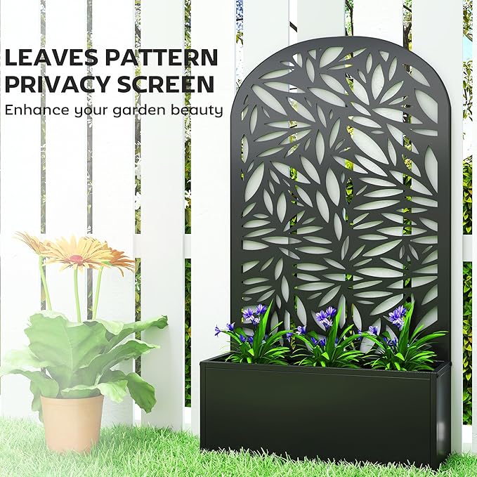 Outsunny Metal Raised Garden Bed with Trellis for Climbing Plants, Freestanding or Wall Mounted Flower Bed with Cueved Privacy Panel, Leaves Cut-Out Outdoor Planter Box for Garden, Patio, Balcony Outsunny