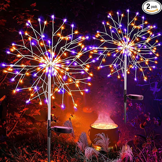 suddus Solar Halloween Lights Outdoor Solar Powered, Upgrade 2-Pack Orange & Purple Solar Firework Lights, Waterproof Garden Light for Yard Pathway Patio Flowerbed Halloween Decorations SUDDUS