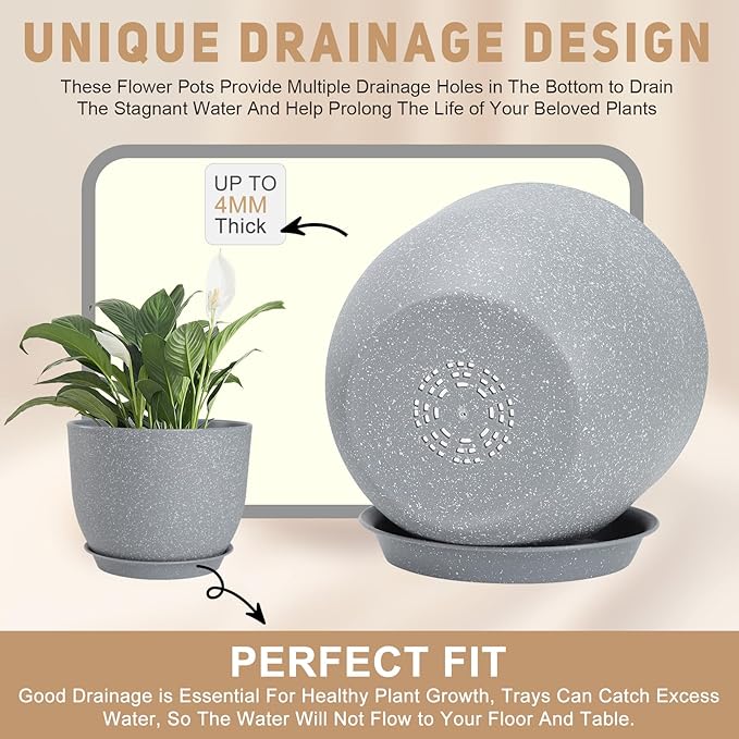 Plant Pots 10/9/8/7.5/7 inch Flower Pots with Multi Mesh Drainage Holes, Planters for Indoor Outdoor Garden Plants and Flowers. (Gray) AFamilyofGardenLovers