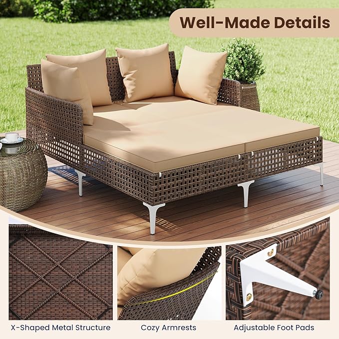Tangkula Outdoor Rattan Double Daybed, Boho Wicker Chaise Lounge for 2 with Seat & Back Cushions, Outdoor Sunbed Loveseat with Metal Support for Backyard, Poolside & Deck (Brown) TANGKULA