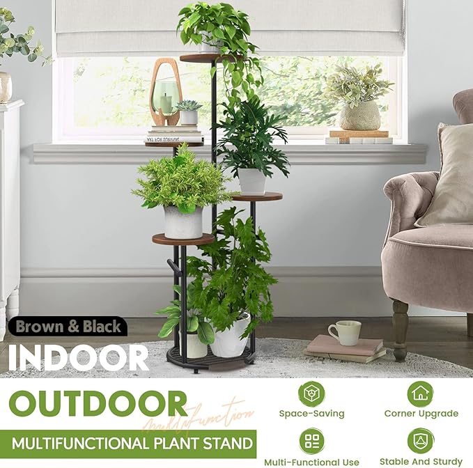 TOSKING 5 Tier Metal Plant Stand Indoor， Plant Shelf, Corner Shelf Flower Pot Stand for Outdoor Plant Stand for Living Room Balcony Garden Patio Bedroom (Black and Brown, 42in) TOSKINGESSENCE