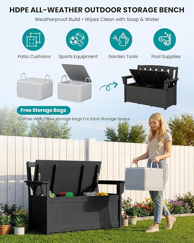SERWALL HDPE Outdoor Storage Bench, All-Weather, UV-Resistant Deck Box with Waterproof Storage Bags, 57 Gallon Dual-Use Seat & Organizer Deck Boxes for Patio, Garden Tools & Pool (Matte Black) SERWALL