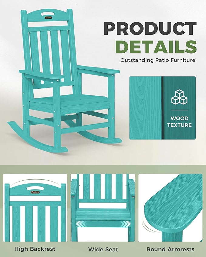 Oversized Outdoor Rocking Chair, High Back Porch Rocker Chair, HDPE All Weather Resistant Rocking Chairs for Patio, 380lbs Weight Capacity, Lake Blue Suunyn