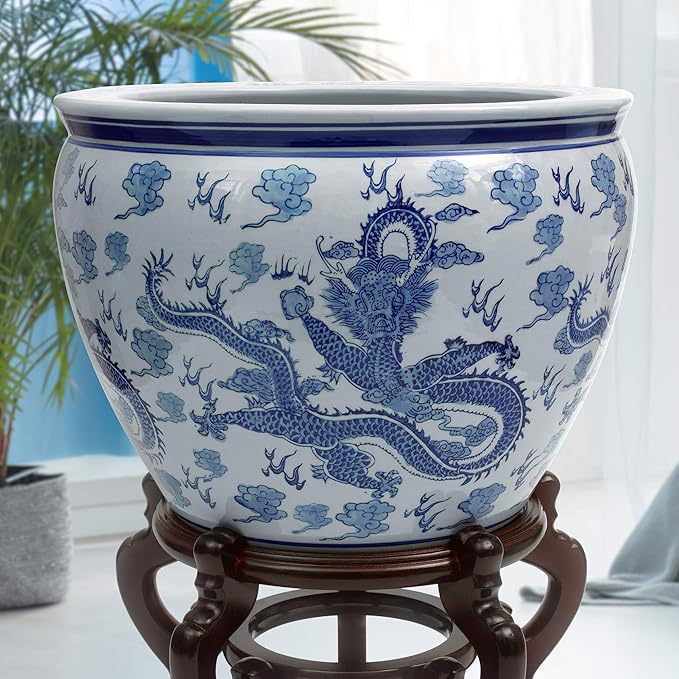 Red Lantern 14" Dragon Blue & White Porcelain Fishbowl Planter or Cachepot for Indoor/Outdoor Use in Garden Entryway Living Room Boho Eclectic Modern Contemporary Classic Traditional Style Decor RedLantern