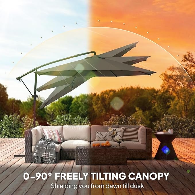 Outsunny 10 ft Offset Patio Umbrella with Cover, Round Hanging Cantilever Umbrella with 6-Position 360° Rotation, Crank Handle, Tilt, Cross Base, Heavy Duty Outdoor Umbrella for Garden Outsunny