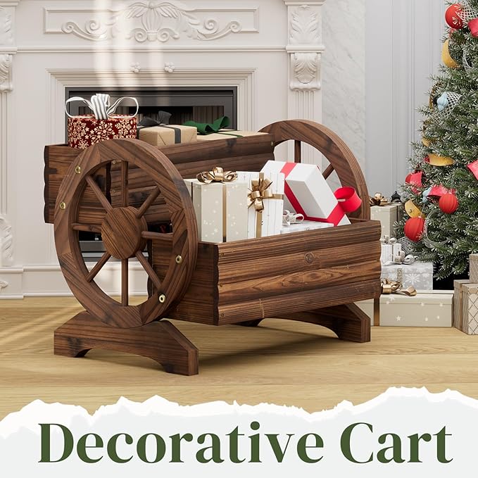 Wooden Wagon Planter Flower Cart with Wheels Garden Box Garden Planter, Decorative Planter for Flowers Herbs Vegetables for Indoor & Outdoor Décor Flower Cart for Patio Garden Balcony (Carbonized) PULIJIAJU