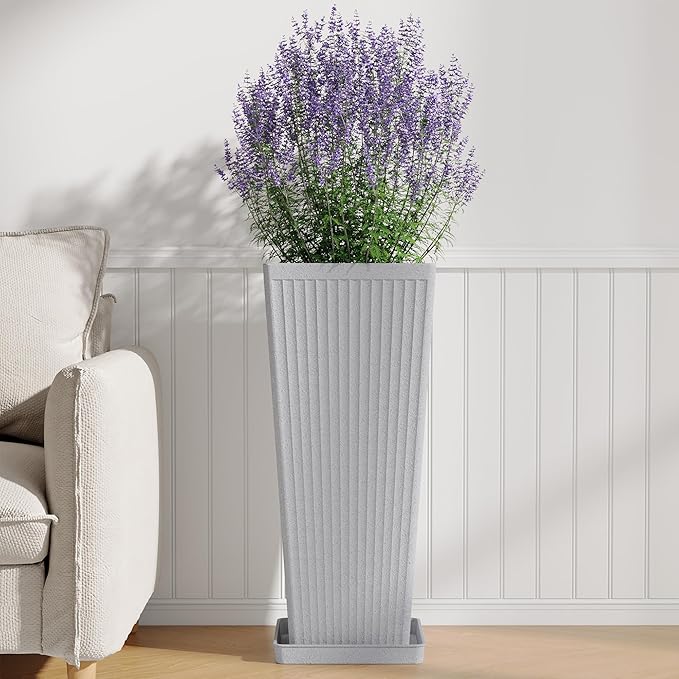 Tall Planters for Outdoor Plants Set of 2, 23.6" Large Taper Flower Plant Pots with Drainage Hole and Drainage Trays, Weather-Resistant Plastic planters for Patio, Porch, Garden, Grey Rootora