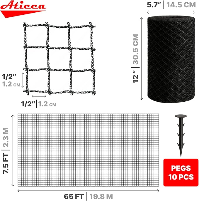 Heavy Duty Bird Netting for Garden Protection & Fruit Trees, 7.5x65 Ft with 10 Stakes – Black Anti-Bird Net for Poultry, Deer, & Squirrel Protection, Durable Nylon Mesh for Garden and Yard Use Aticca