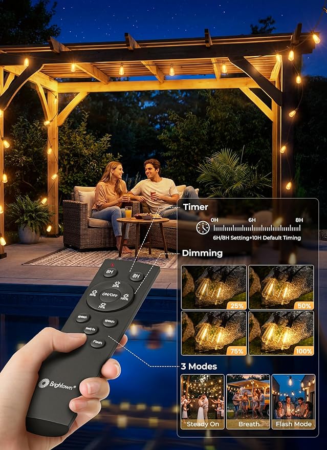 Brightown 151FT Solar String Lights Outdoor Waterproof, Patio Lights with Remote and 48+2 LED Shatterproof Bulbs, Dimmable & Timable, 3 Light Modes, Solar Lights Outdoor for Yard Camping Party Outside Brightown