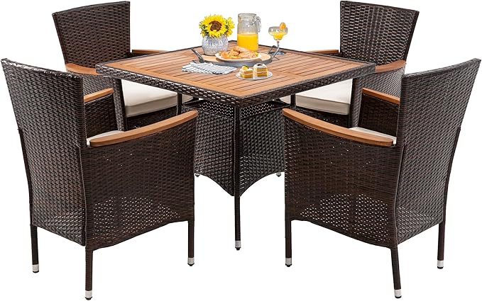 RoyalCraft 5 Piece Patio Wicker Dining Sets for 4, Water-Resistant Rattan Outdoor Dining Table and 4 Chairs with Wood Table Top, Conversation Set for Deck, Garden, Backyard, Removable Cushions, Brown Bringyoubetterlife