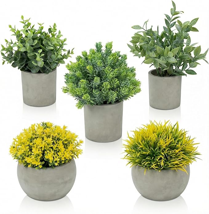 Fake Plants, 5 Pack Artificial Eucalyptus & Greenery in Cement Pots - Small Potted Faux Plants for Indoor Outdoor Shelves, Desk, Table, Farmhouse Bathroom, Office & Modern Home Decor Rootora