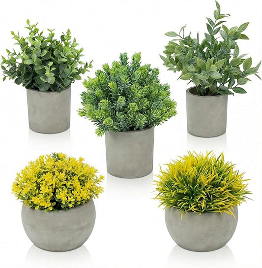 Fake Plants, 5 Pack Artificial Eucalyptus & Greenery in Cement Pots - Small Potted Faux Plants for Indoor Outdoor Shelves, Desk, Table, Farmhouse Bathroom, Office & Modern Home Decor Rootora