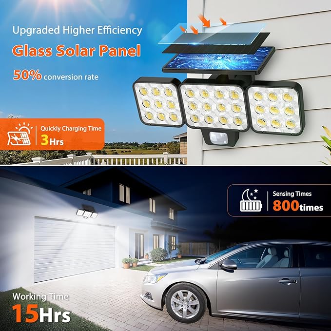 WdtPro Solar Lights Outdoor Waterproof 1 Pack, 3500LM Super Bright Motion Sensor Solar Powered LED Flood Lights, Upgrade Glass Panel, Solar Security Light Spotlights for Outside Yard WdtPro