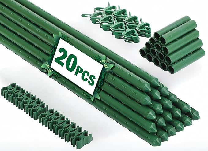 Garden Stakes 20 Pack, 16 Inch Plastic Coated Metal Tomato Stakes, DIY 4ft 5ft 6ft 7ft Plant Support Stakes with 14 Connectors 14 Rotatable Clips 14 Plant Clips for Indoor Outdoor Vegetables Tegarbed