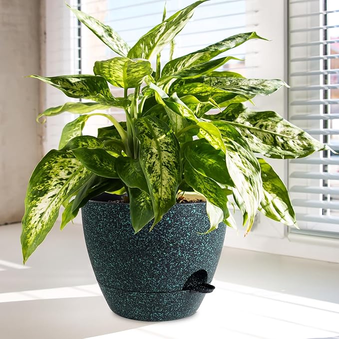 12/10/9 inch Large Self Watering Pots, Planter, Plant Pots with Mesh Drainage Holes for Indoor Outdoor Garden Plants, Plastic Flower Pots with Deep Reservoir, Black with Green Speckles WSMKSZ