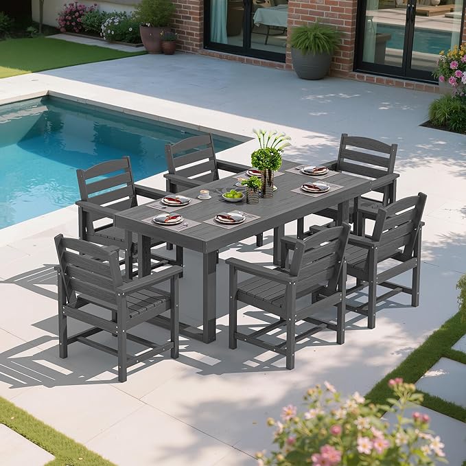 SERWALL HDPE Outdoor Dining Set for 6, 67'' All Weather Patio Dining Table and Chairs Set for Deck, Lawn, Gray SERWALL