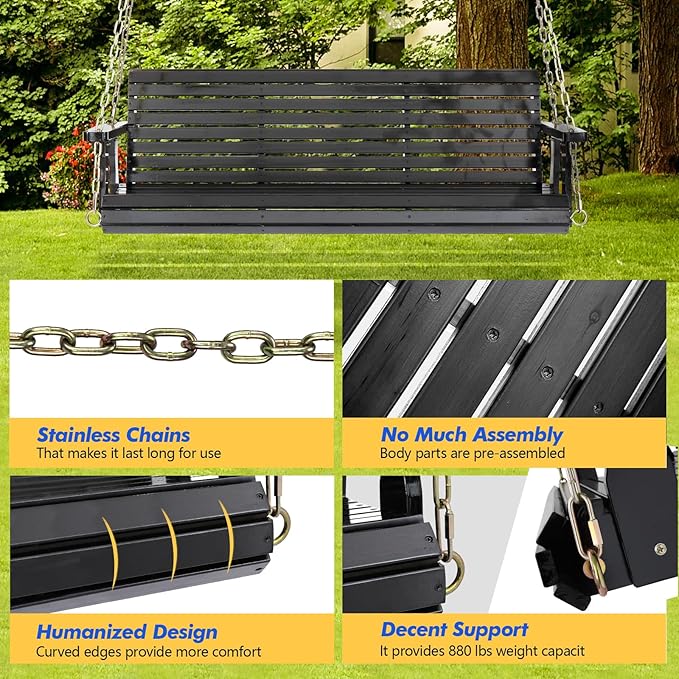 VINGLI Upgraded Patio Wooden Porch Swing for Courtyard & Garden, Heavy Duty 880 LBS Swing Chair Bench with Hanging Chains for Outdoors (Black, 5 FT) VINGLI