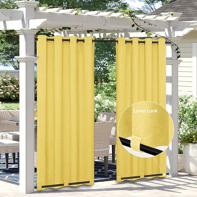 Easy-Going Linen Look Outdoor Curtains Waterproof Windproof Porch Curtains, Soft Thicken Outdoor Privacy Curtains for Patio, Gazebo, Grommet Top and Tab Bottom Drape, 1 Panel, 54x96 inch, Yellow Easy-Going