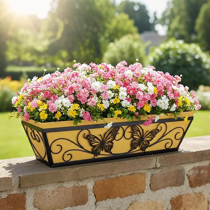 4 Pack 24 Inch Window Boxes Planter Railing Planters Box with Adjustable Brackets for Porch Deck Balcony Hanging Butterfly Decorative Flower Baskets & Non-Woven Fabric Liner for Outdoor Plants - Black KarlliuHOMEGARDEN